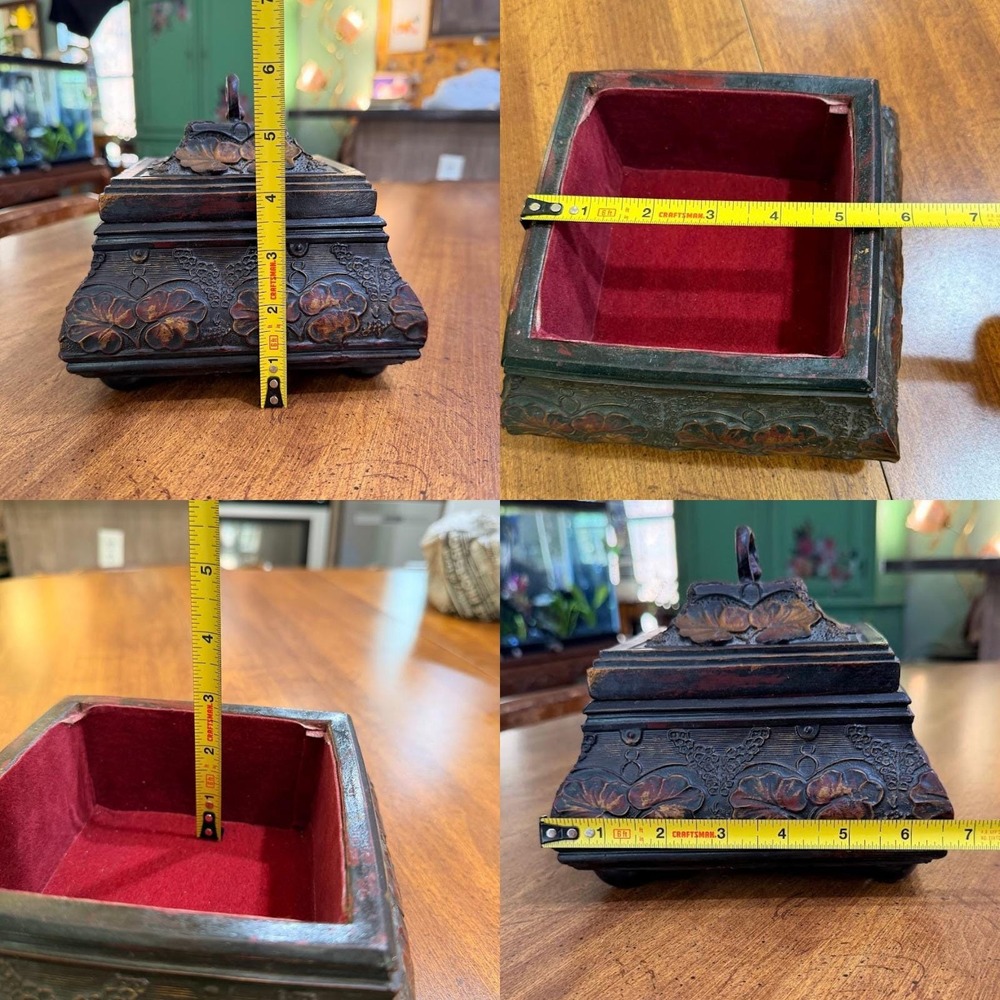 Vintage Ornate Carved Floral Jewelry Box Red Velvet Lined Footed Trinket Chest - Picture 4 of 11